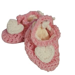 Hand Crafted Pink Crochet Baby Booties with Heart Design hand Knit Handmade 5"